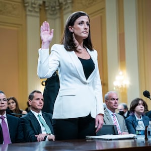 A photo of former White House aide Cassidy Hutchinson being sworn in prior to testifying before Congress.