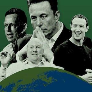 A photo illustration showing Peter Thiel, Mark Zuckerberg, Elon Musk and Marc Anderson as gods looking over the world.