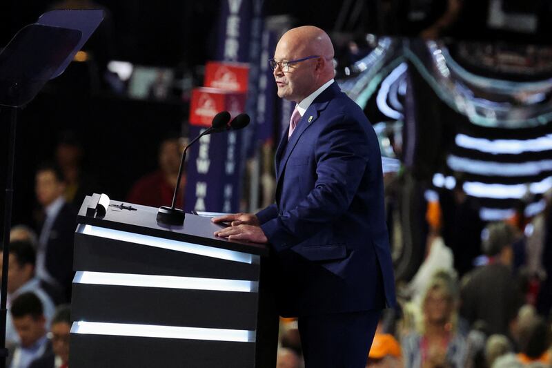 Sean M. O'Brien, General President of the International Brotherhood of Teamsters, speaks during Day 1 of the Republican National Convention (RNC) at the Fiserv Forum in Milwaukee, Wisconsin, U.S., July 15, 2024.