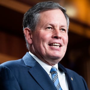 Senator Steve Daines, chairman of the National Republican Senatorial Committee, conducts a news conference after the Senate Republican Conference leadership elections in the U.S. Capitol on Wednesday, November 16, 2022.