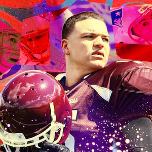 A photo illustration of Josh Andrés Rivera as Aaron Hernandez