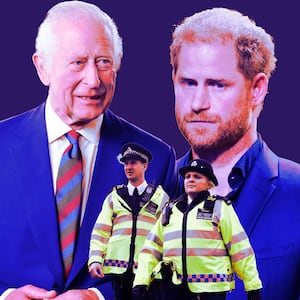 A photo illustration of King Charles and Prince Harry.