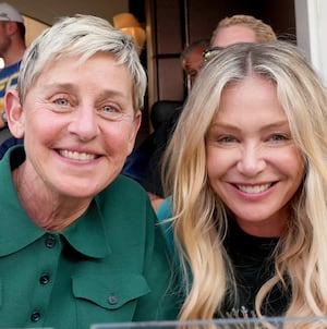 INGLEWOOD, CALIFORNIA - FEBRUARY 13: (L-R) Ellen DeGeneres and Portia de Rossi attend Super Bowl LVI at SoFi Stadium on February 13, 2022 in Inglewood, California. (Photo by Kevin Mazur/Getty Images for Roc Nation)