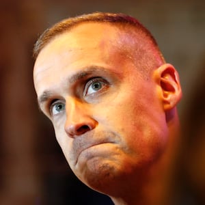 Corey Lewandowski speaks to  media at Trump Tower in Manhattan following Trump's victory in the Indiana primary on May 3, 2016, in New York, New York.