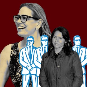 A photo illustration of Kyrsten Sinema, Tulsi Gabbard and bodyguards.