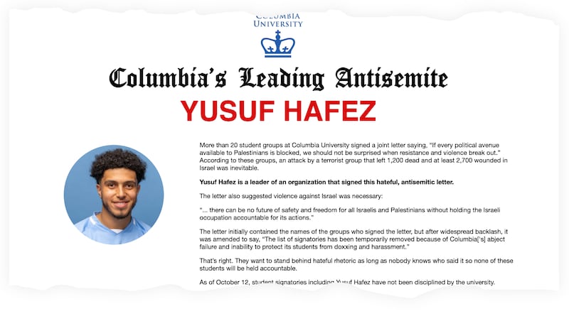 A screenshot of the AIM website focused on Yusuf Hafez, which calls him “Columbia’s Leading Antisemite.”