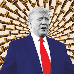 A photo illustration of Donald Trump with a spiral of gavels spinning out behind him