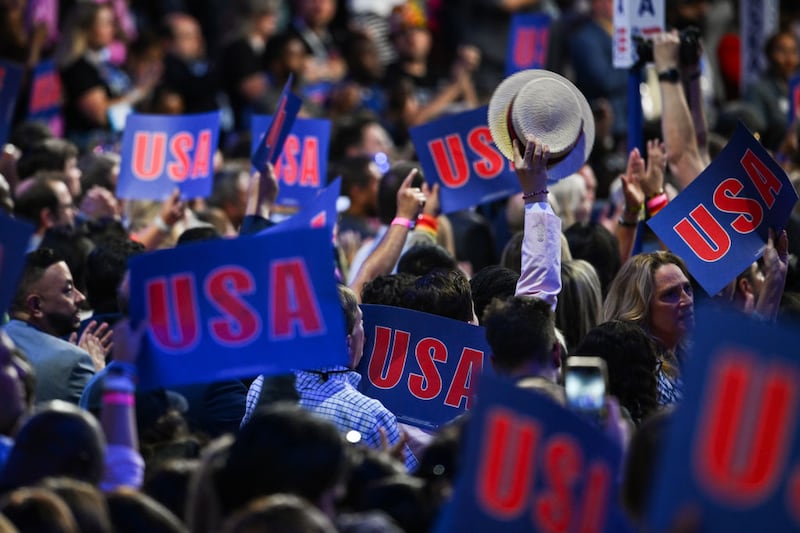 Attendees cheer following a speech by former Georgia Lt. Gov. Geoff Duncan during the third day of the Democratic National Convention in Chicago.