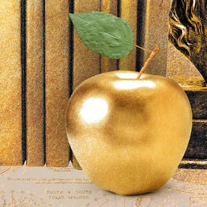 Photo illustration of golden horse bookends with gold books between and a gold apple in front on a gold map background