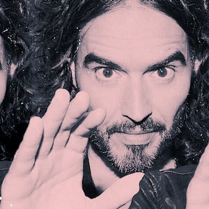 A triptych of Russell Brand with his arm extending out to the audience