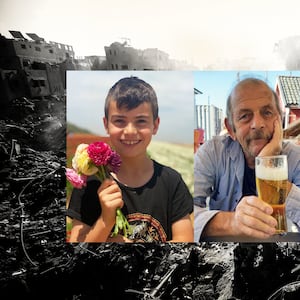 A triptych of Israeli hostages in front of a picture of rubble in Gaza