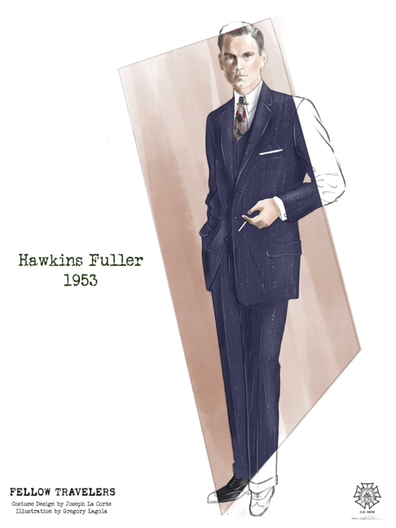 Illustration of costume design for Hawkins Fuller played by Matt Bomer in Fellow Travelers.