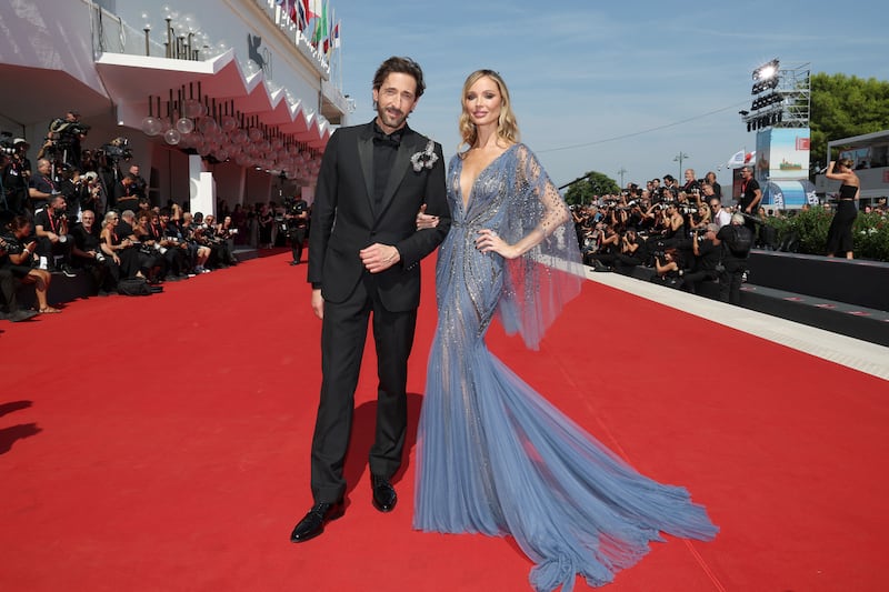 Adrien Brody and Georgina Chapman on the red carpet during the Venice Film Festival on September 1, 2024.