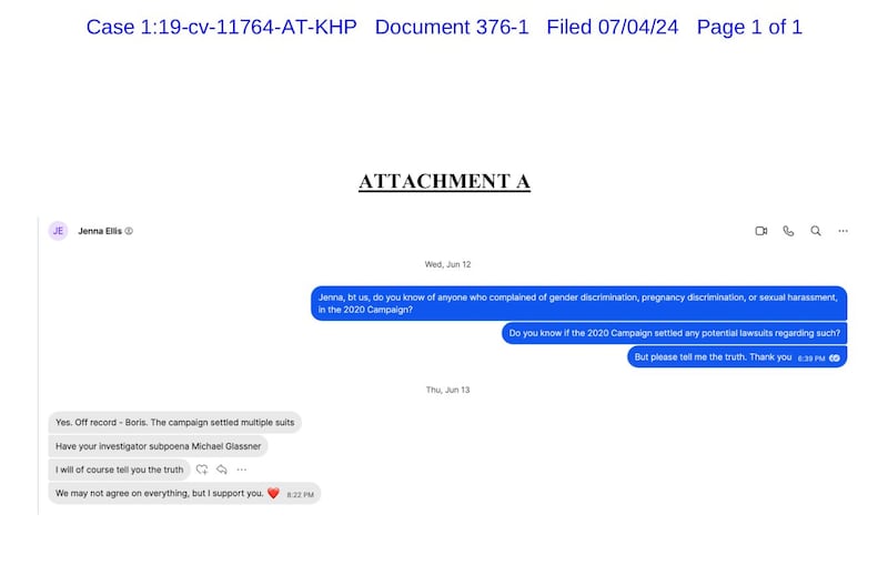 Text messages allegedly between A.J. Delgado and Jenna Ellis.