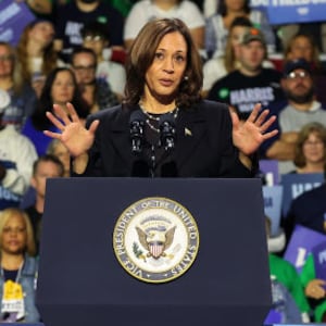 Democratic presidential nominee, Vice President Kamala Harris speaks during a campaign rally at Erie Insurance Arena on October 14, 2024 in Erie, Pennsylvania. 