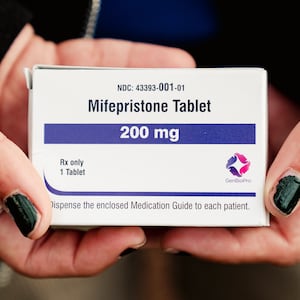 A box of mifepristone outside the Supreme Court in Washington, DC.