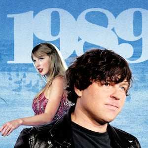 An illustration including photos of Taylor Swift and Ryan Adams