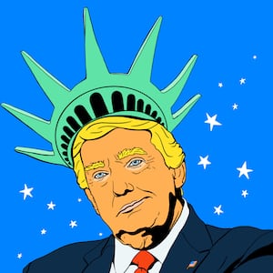 Illustration of Donald Trump wearing a Statue of Liberty crown