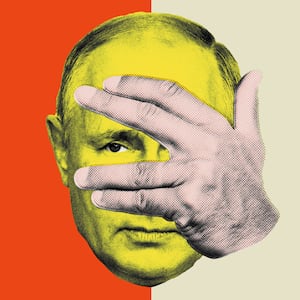 Photo illustration of a cowardly and scared Vladimir Putin with hand covering his face