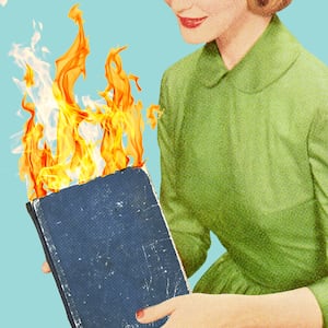 Photo illustration of a vintage 1950s housewife holding a book on fire