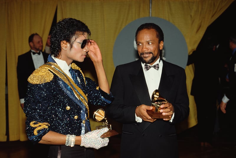 Michael Jackson and Quincy Jones attend the 26th Grammy Awards ceremony in 1984 where they won eight awards.