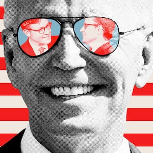 Photo illustration of Joe Biden wearing sunglasses with pictures of Mike Johnson in the lenses on a red and white stripe background.