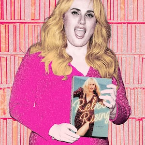 Photo illustration of Rebel Wilson holding her new book