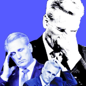 A photo illustration of three images of Kevin McCarthy in states of distress in black and blue.