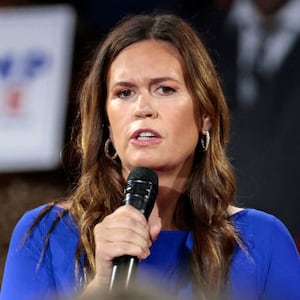 Arkansas Governor Sarah Huckabee Sanders moderates a town hall meeting with former US President and Republican presidential candidate Donald Trump at the Dort Financial Center in Flint, Michigan, on September 17, 2024.