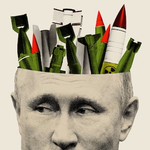 Photo illustration of Vladimir Putin with bombs coming out of his head