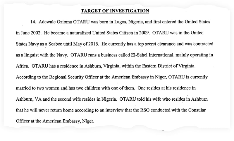 A snippet of the search warrant affidavit, which identifies Otaru as the target of a U.S. government investigation.