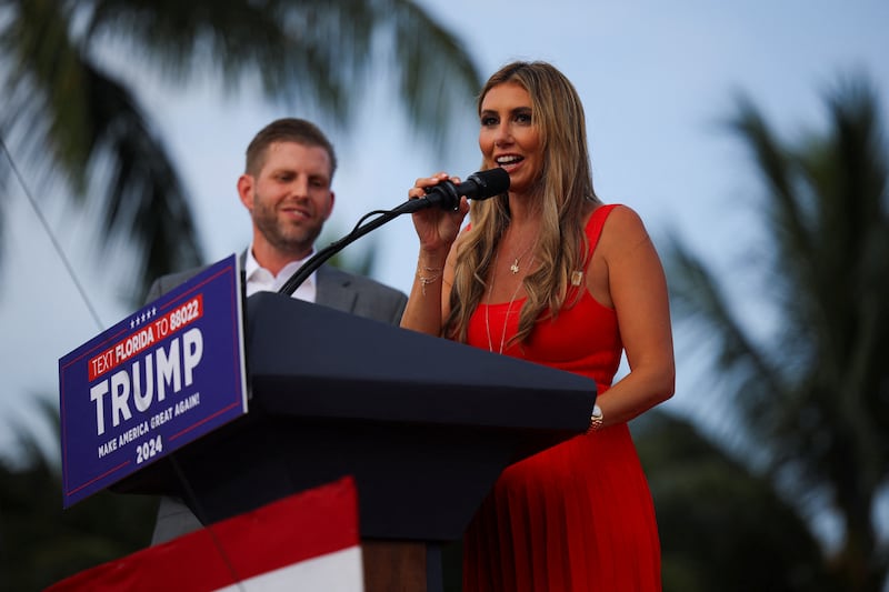 Alina Habba speaks next to Eric Trump during a Florida campaign rally.