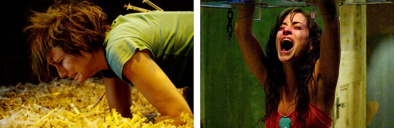 A diptych of Shawnee Smith in a pit of needles and Emmanuelle Vaugier with her hands trapped in a box