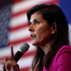 Nikki Haley, the former Governor of South Carolina and Ambassador to the UN, stumps for Virginia gubernatorial candidate Glenn Youngkin (R-VA), during a campaign event in McLean, Virginia, U.S., July 14, 2021. 