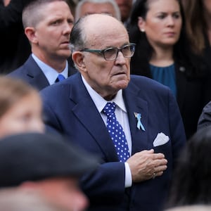 Rudy Giuliani reacts ahead of the ceremony marking the 22nd anniversary of the September 11, 2001 attacks