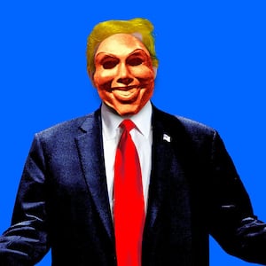 A photo illustration of Donald Trump wearing a mask from ‘The Purge’