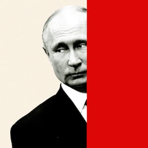 An illustration including a photo of Vladimir Putin and a Red rectangle.