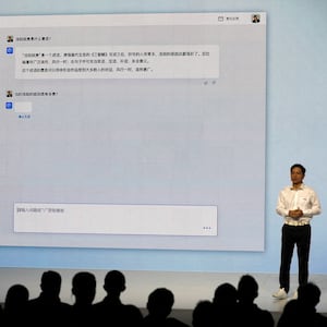 Baidu’s co-founder and CEO Robin Li showcases artificial intelligence-powered chatbot known as Ernie Bot by Baidu during a news conference at the company’s headquarters in Beijing, China, March 16, 2023. 