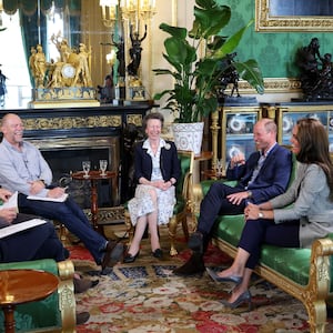 Mike Tindall, Princess Anne, Princess Royal, Prince William, Prince of Wales and Catherine, Princess of Wales attend the recording of a special episode of The Good, The Bad and The Rugby podcast, in the Green Drawing Room at Windsor Castle.