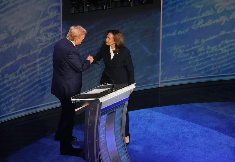 Trump and Harris shake hands at their sole presidential debate.