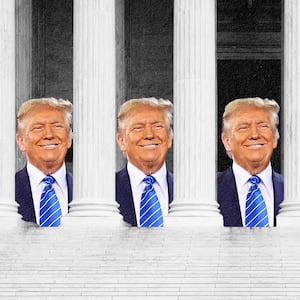 A photo illustration shows a smiling Donald Trump between the columns of the Supreme Court building