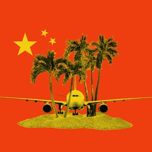 Photo illustration of a yellow plane collaged with yellow sand and yellow palm trees on a red background with the Chinese flag behind it.