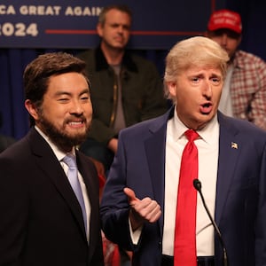 SATURDAY NIGHT LIVE -- Episode 1865 -- Pictured: (l-r) Bowen Yang as JD Vance and James Austin Johnson as Donald Trump during the "Campaign" Cold Open on Saturday, September 28, 2024 -- (Photo by: Will Heath/NBC via Getty Images)