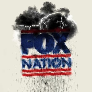 Photo illustration of Fox Nation logo with dark rain cloud overhead.