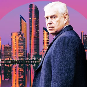 A photo illustration of Prince Andrew in front of Abu Dhabi.