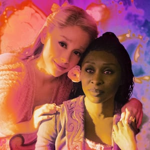 A photo illustration of Cynthia Erivo is Elphaba and Ariana Granda is Glinda in Wicked.