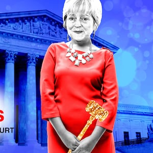  A photo illustration of a Martha-Ann Alito holding a glittering gavel with the phrase ‘The Real Spouses of the Supreme Court’ in front of her