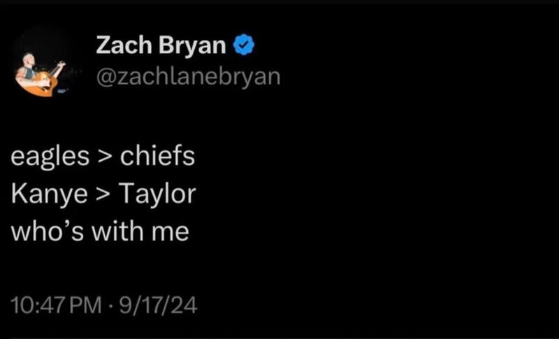 A tweet showing Zach Bryan rating Kanye West over Taylor Swift.