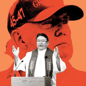 A photo illustration shows pastor Stephen Lee at the pulpit in black and white with Donald Trump looming behind him in orange.