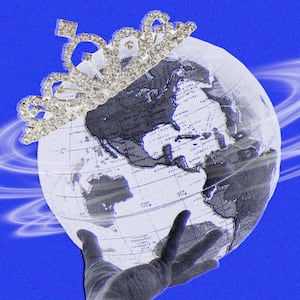 A photo illustration showing the world spinning with a royal crown on top.